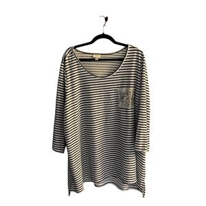 Avenue Women's Size 30 Black Striped‎ 3/4 Sleeve Top Sequin Pocket